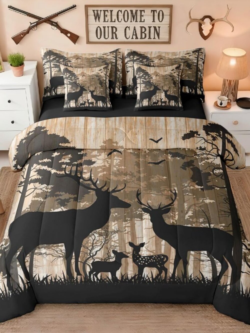 Rustic Woodland Deer Bedding Set Queen 7 Piece for Boys | Vintage Farmhouse Comf